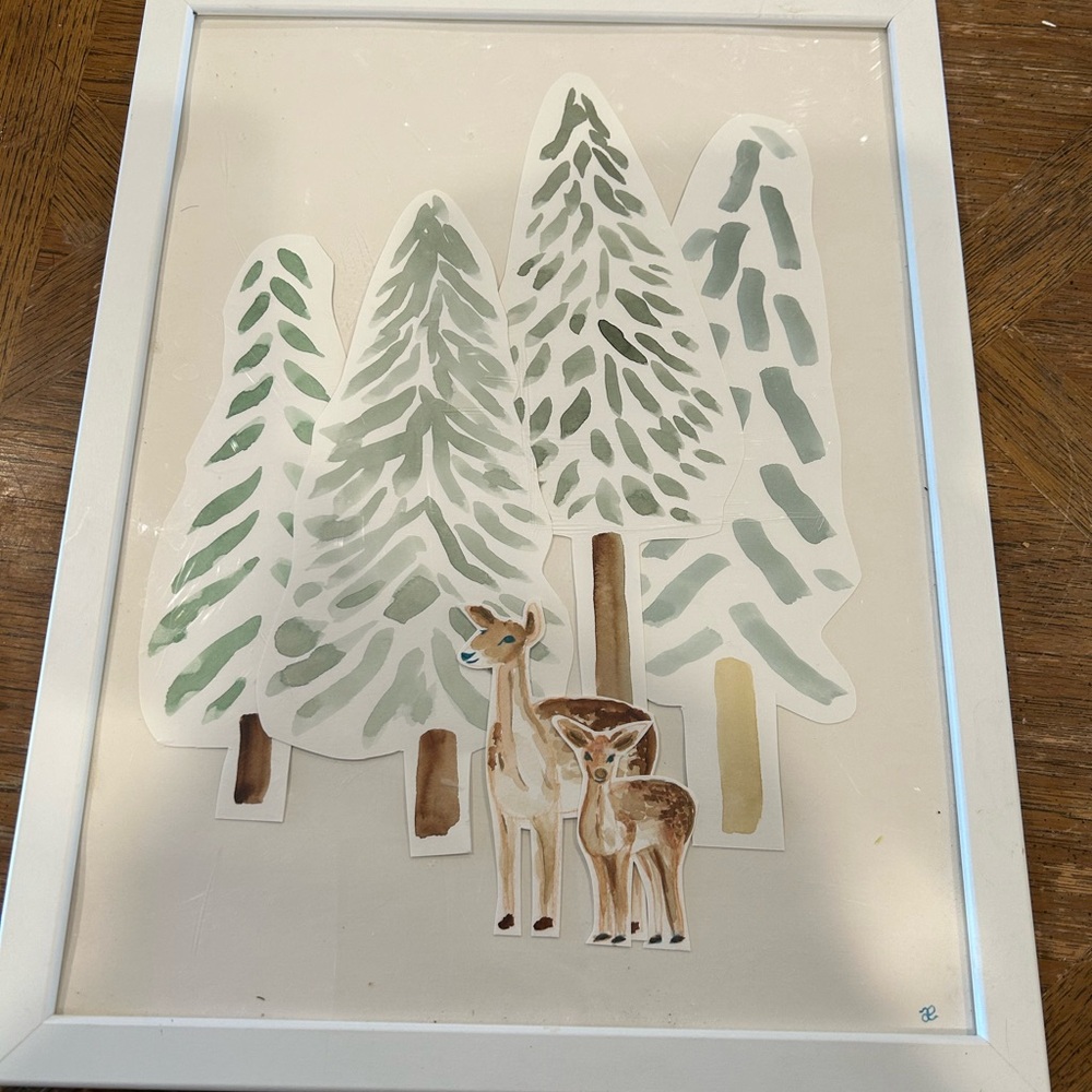 Framed Deer & Pine Tree Art Print in Green and Brown